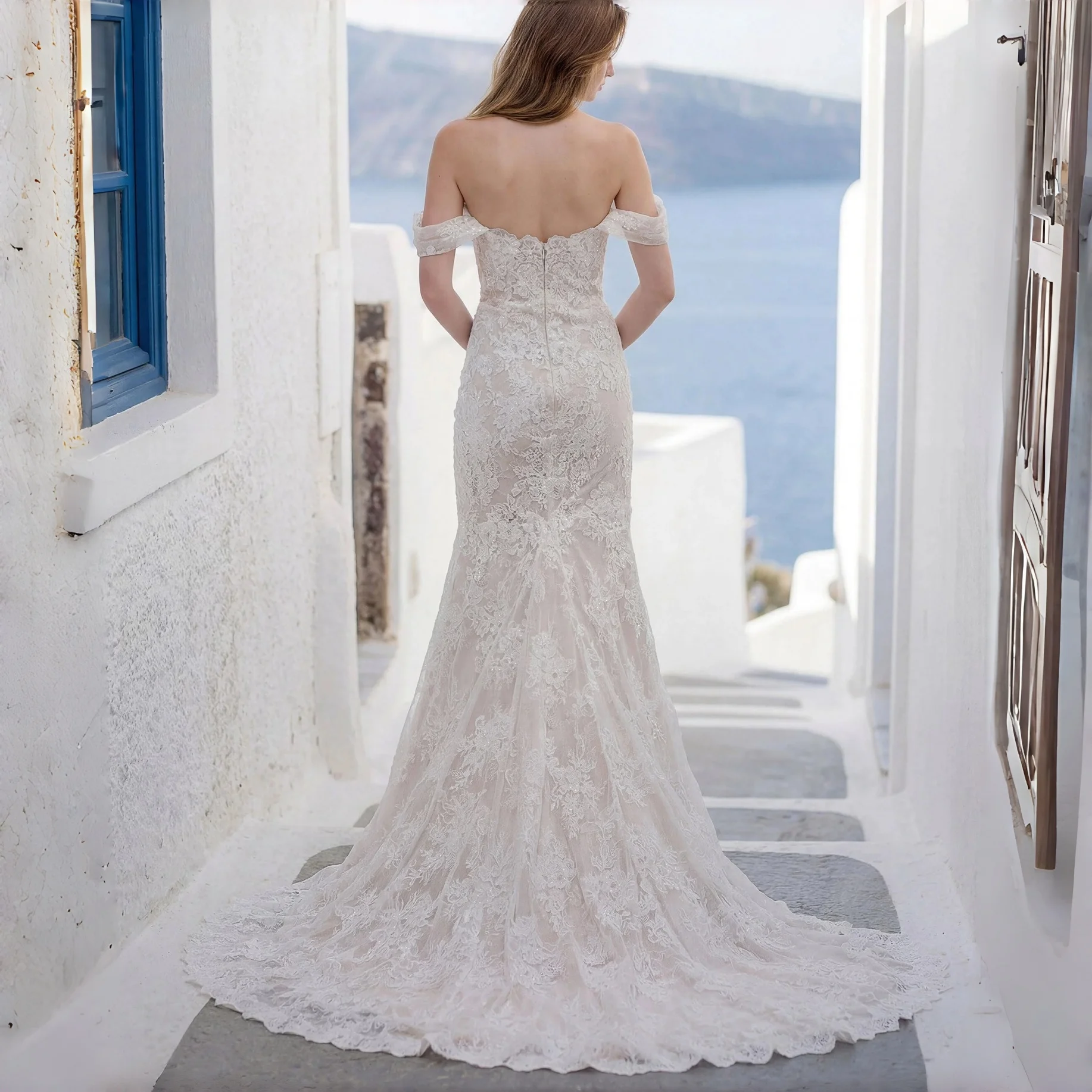 Off Shoulder Scalloped Lace Mermaid Wedding Dress Removable Cap Sleeves Sequin Floral Corset High Slit Bohemian Beach BridalGown