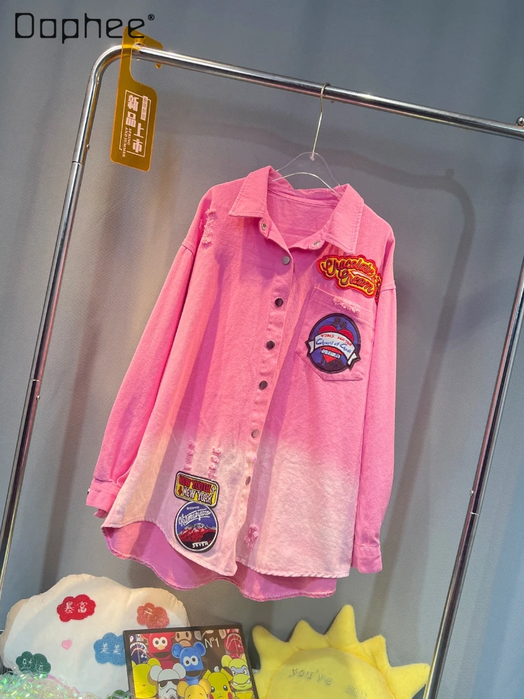 

Fashion Patch Gradient Color Denim Shirt for Women 2023 Spring Autumn New Loose Mid-Length with Embroidery Denim Jacket Female
