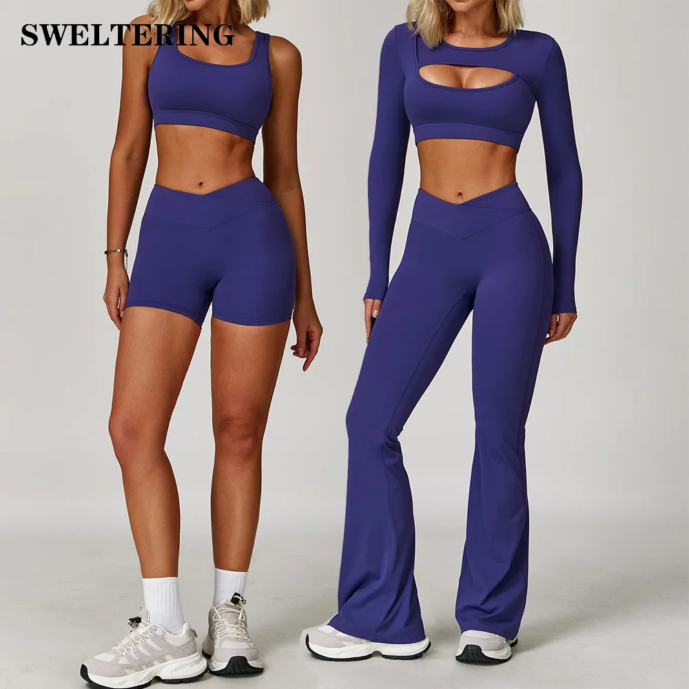 

SWELTERING 2PCS Long Sleeve Women Gym Set Yoga Clothes Quick-Drying Sportswear Running Leggings Workout Sports Crop Top Women