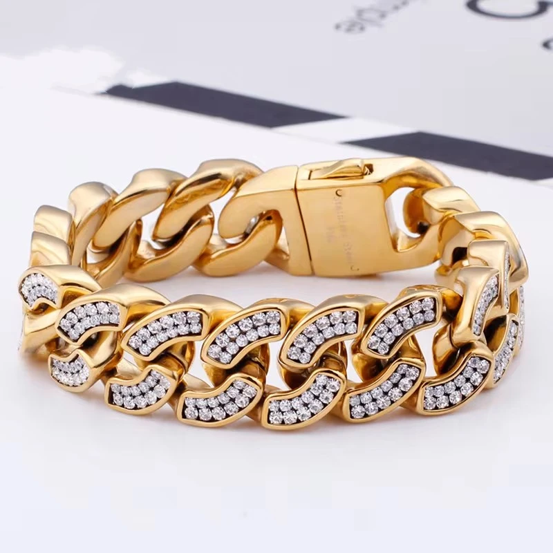 

Men Classic Hip-hop Cuban Bracelet Gold Plated White K Premium Personality Stainless Steel Bracelet Gift Party Jewelry