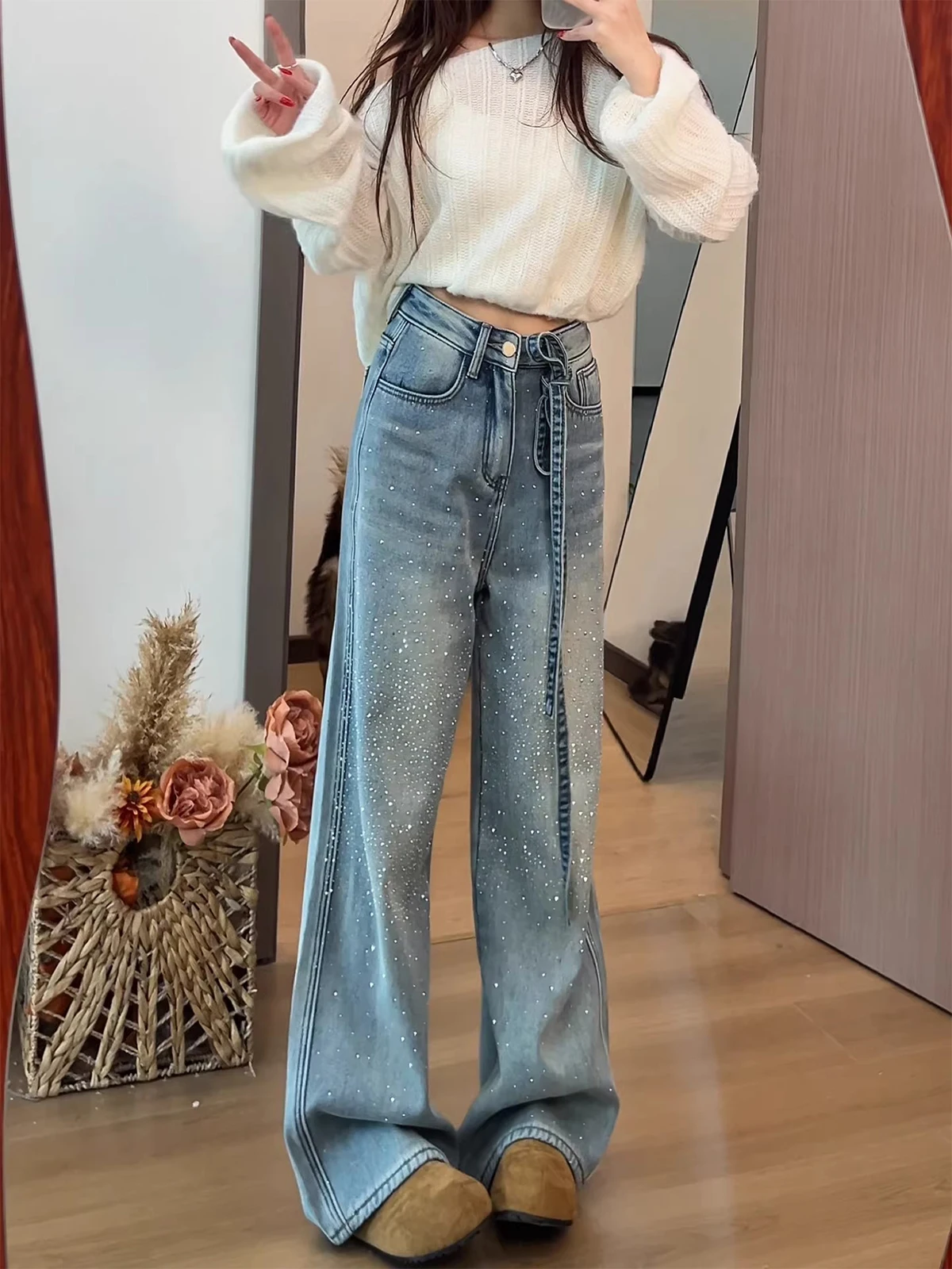 

High Waist Fce Lined Wide Leg Denim Jeans Women's 2026 Winter New Sle Rhinestone Embellied Straight Floor Length Pants
