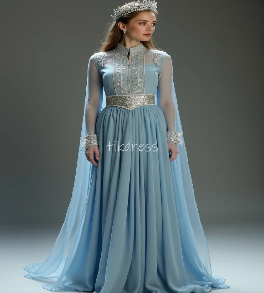 

Волшебничное синее викторианское платье для выпускного вечера с накидкой Mystica Elf шифоновое вечернее платье в стиле бохо с длинными рукавами и кружевом для торжественного дня рождения по индивидуальному заказу