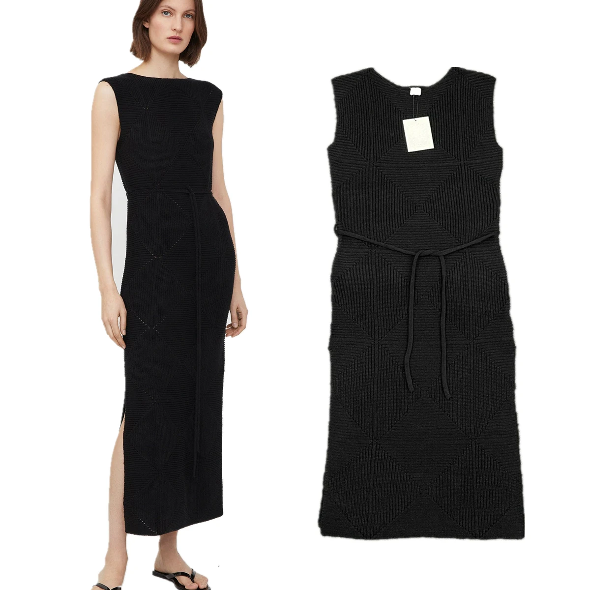 Maxdutti Minimalist Knitted Dress Women Hollow Midi Dress Slim Fit Fashionable Black Commuting Elegant