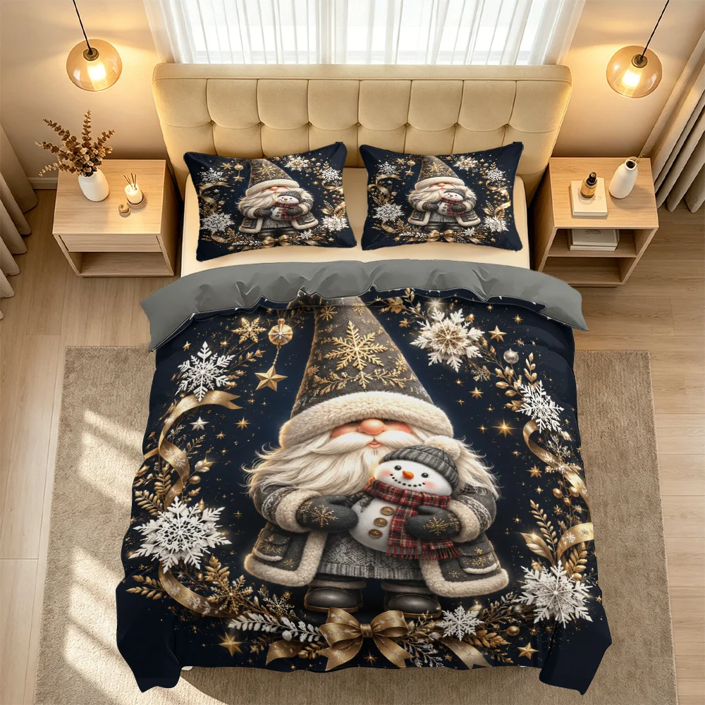 3-Piece Christmas Gnome Snowman 2D Flat Design Duvet Cover Bedding Set, Trendy Soft and Breathable Bedding (1 Duvet Cover and 2 Pillowcases), Suitable for All Seasons Home Bedroom Decoration