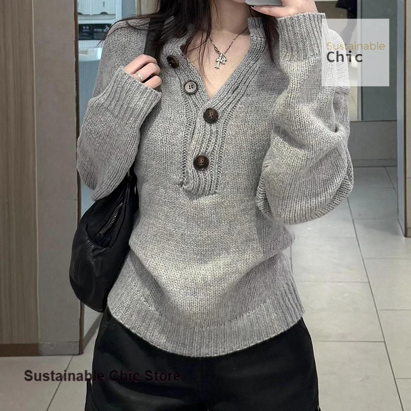 한국 스타일의 분위기 있는 회색 브이넥 스웨터 여성용 가을 겨울 신상 패션 캐주얼 조커 스웨터