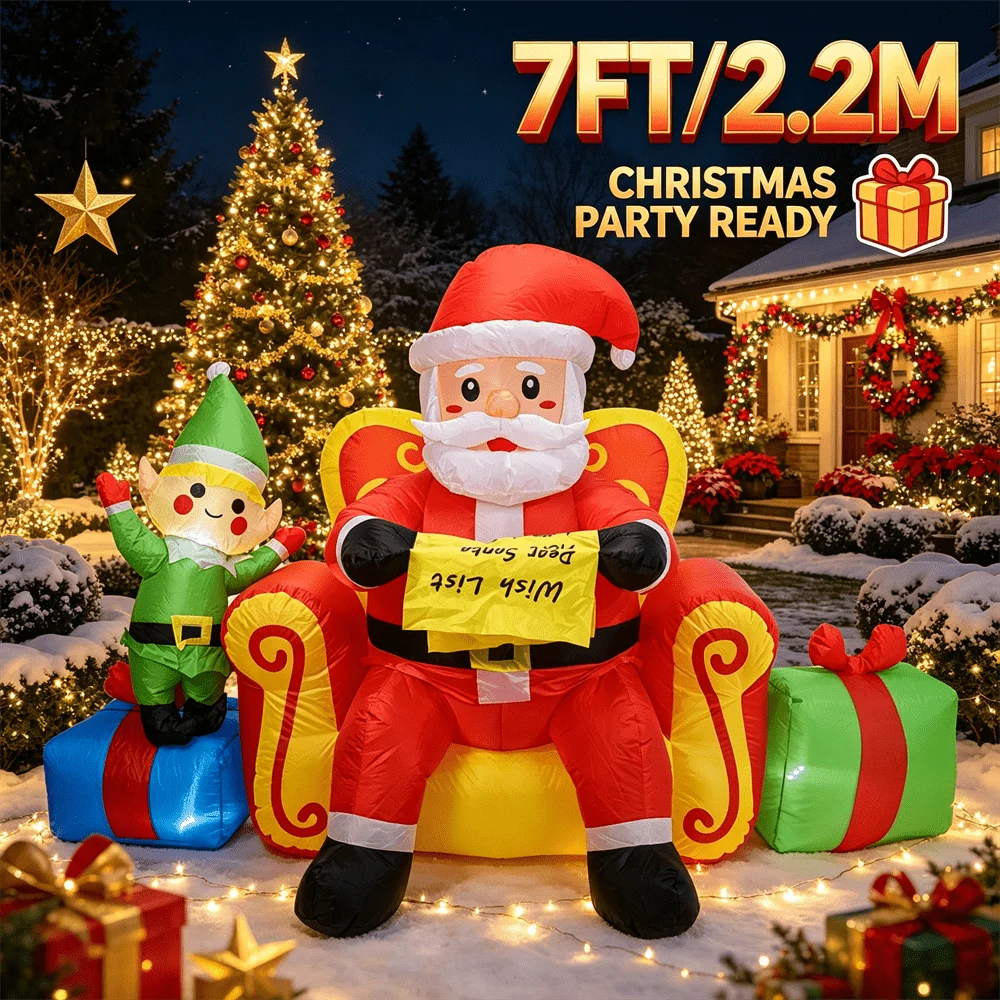 7FT Christmas Inflatable Toy LED Light Up Santa on Throne with Elf Wish List Inflatable Yard Decor Outdoor Lawn Xmas Decoration view 2