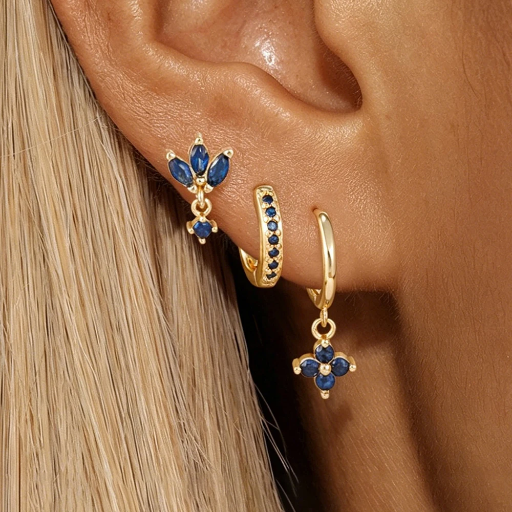 3-teiliges Set mit modischen Zirkon-Ohrsteckern für Damen, 14K vergoldet, Blumenanhänger-Ohrringe, hypoallergen, für den täglichen Gebrauch.