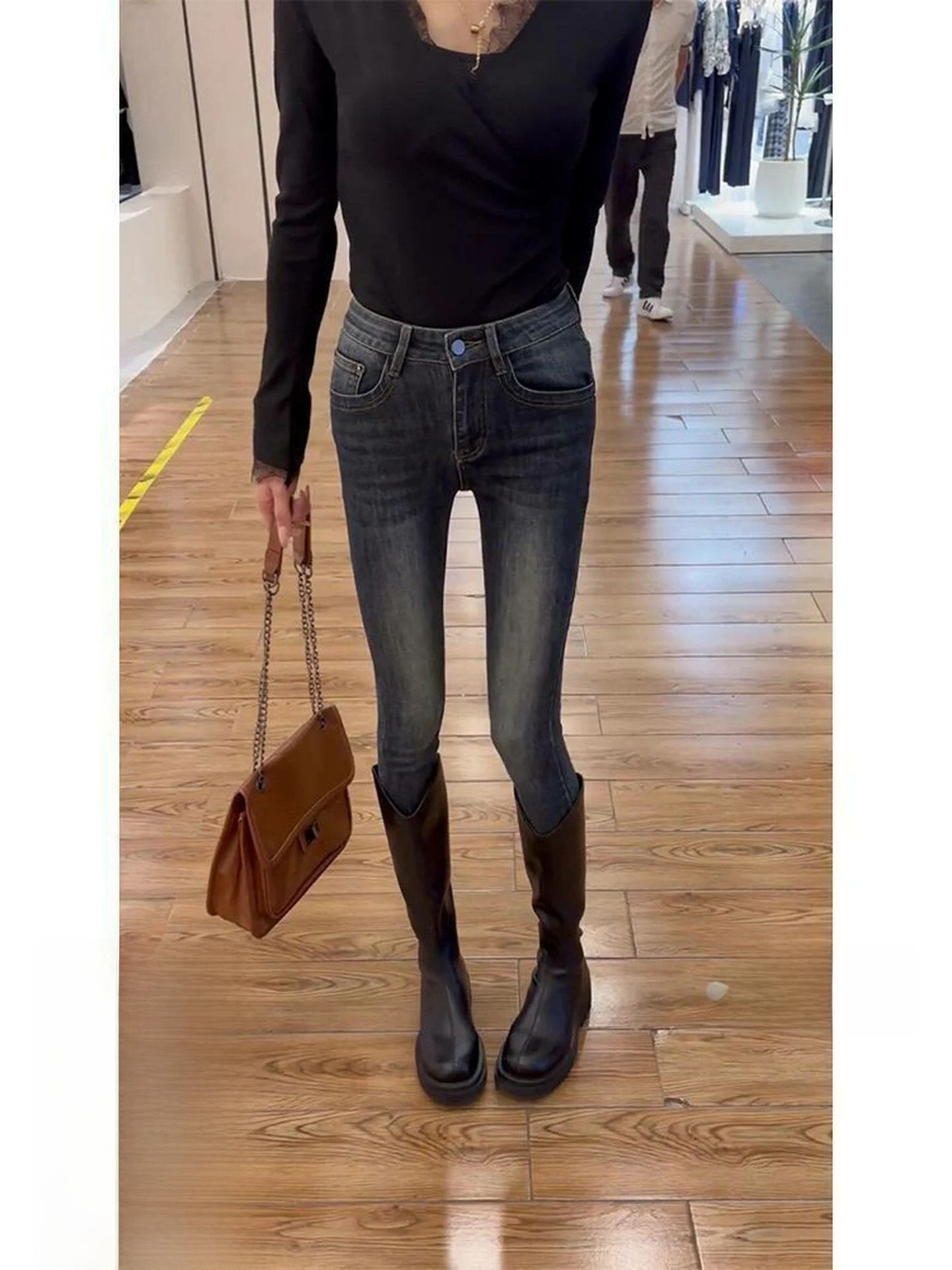 

Retro American Small Size Deep Blue Pencil Slim High Waist Tight Jeans Women Summer New Style Versatile Thin Denim Jeans