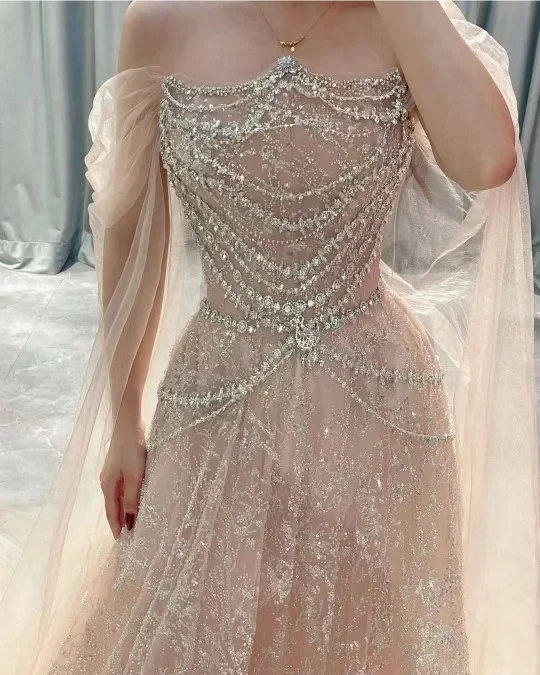 OLOEY – robe de soirée Champagne scintillante, épaules dénudées, manches Cape en Tulle, longue robe de soirée de mariage élégante, robes de bal formelles