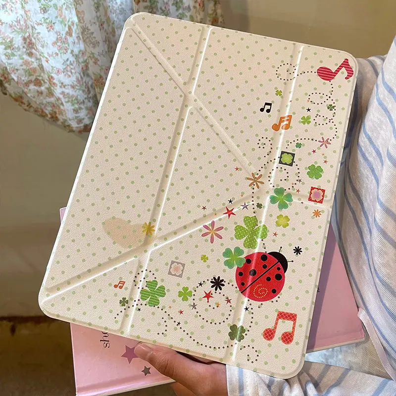 Lucky Four Leaf Clover Ladybug Y2K Tablet Case For iPad Pro 11 12.9 13 A16 M2 M4 M3 M5 5/6/7/8/9/10/11th Mini Air 3 4 5 6 Cover