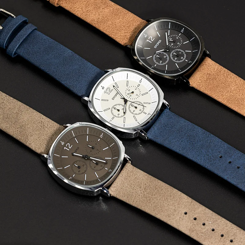 Fashionable, retro, high-value men's watch with a luxurious feel, featuring a large leather strap and quartz dial.