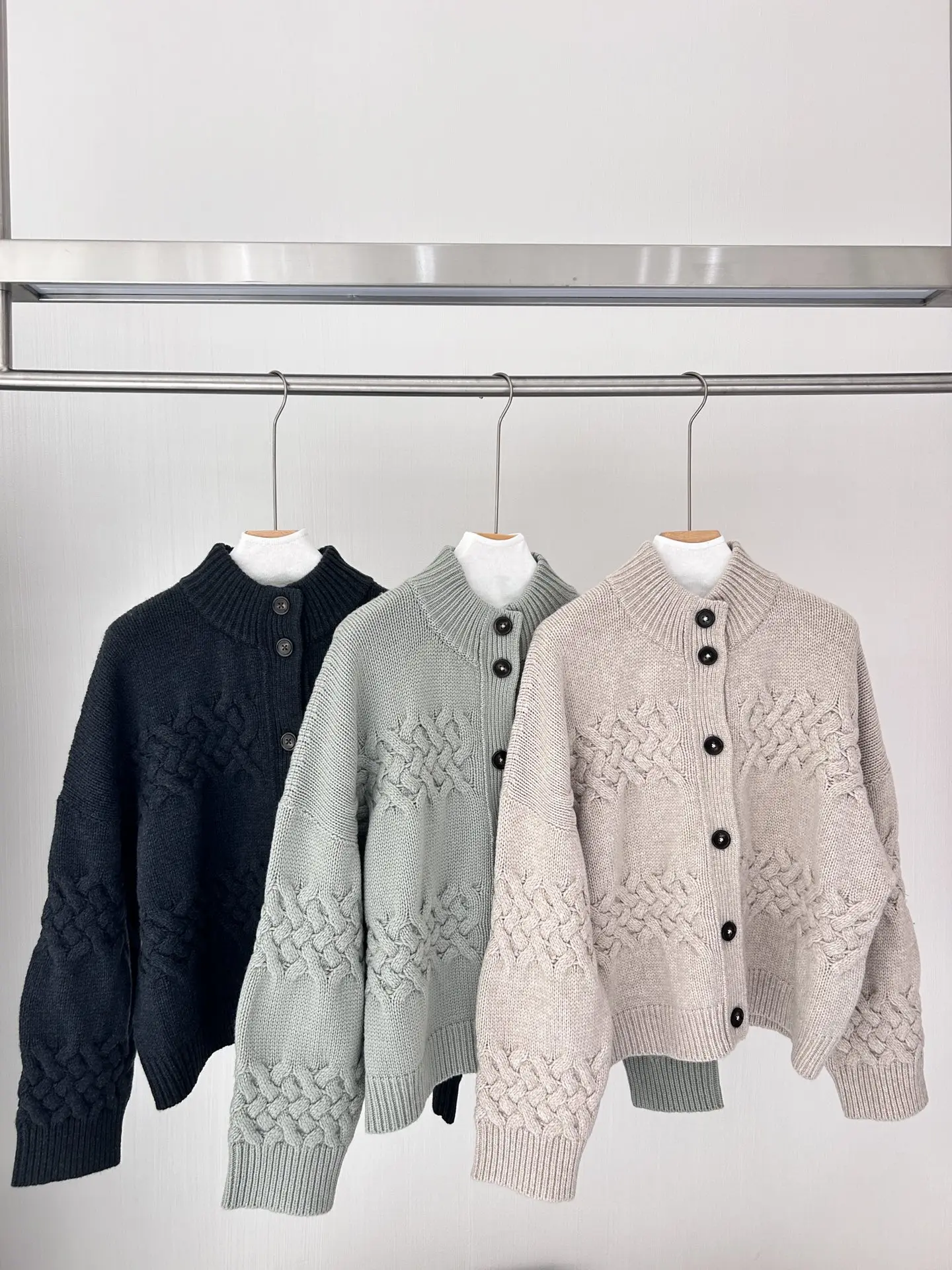 Autumn Winter Women's Yarn Stand Collar Wool Cardigan Casual Loose Knitted Sweater Jacket