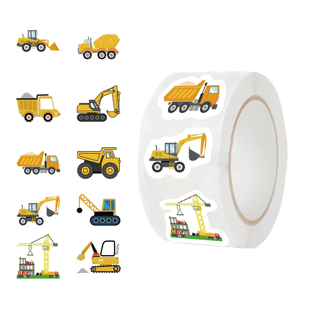 500Pcs/roll Cartoon Construction Vehicle Sticker Roll For Kids Reward Encourage Sticker For Labels Thank You Sticker Toys