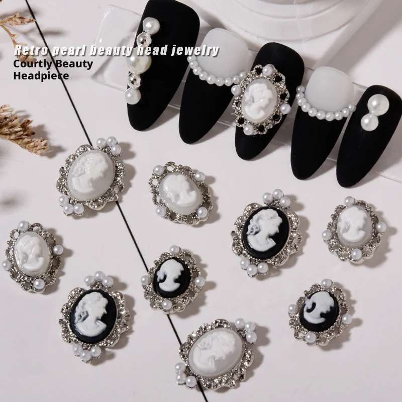 10pcs Vintage Baroque Beauty Head Nail Charms Gold Silver Elegant Metal Pearl Nail Art Decorations For Manicure Accessories