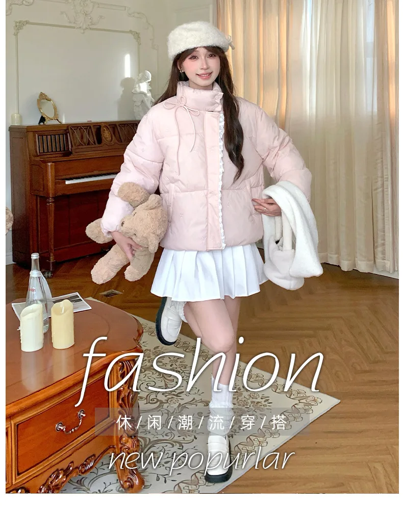 Sweet Pink Bow Stand Collar Puffer Jacket Women Korean Lace Spliced Thick Outerwear Students Winter Warm Cropped Cotton Jackets