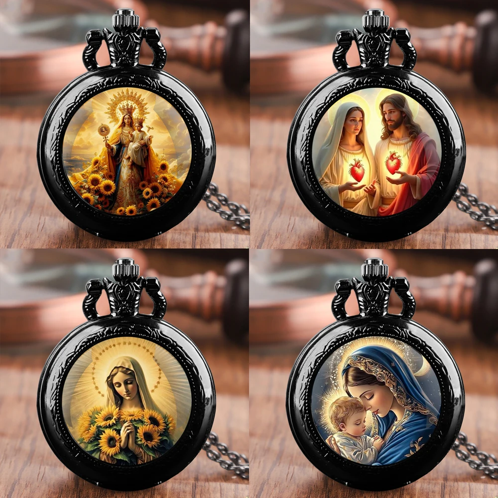 Reloj de bolsillo dorado con diseño de madre de Dios, Vintage, Jesús, Madonna, con collar, caja de aleación, reloj con movimiento de cuarzo para hombres y mujeres