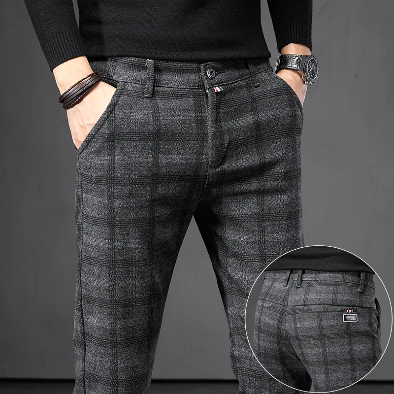 Spring Autumn Men's Korean Casual Pants Slim Straight Brushed Plaid Stretch Fashion Man Pants Office Social Business Trousers