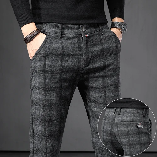 Pantalones informales coreanos para hombre, pantalón ajustado, recto, cepillado, a cuadros, elásticos, a la moda, para oficina y negocios sociales, primavera y otoño