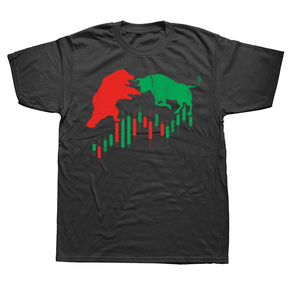 Funny Day Trader Bull Bear Stock Investor Investing Trading T Shirts Men Cotton Humor Tee Short Sleeve Unisex Loose Clothing