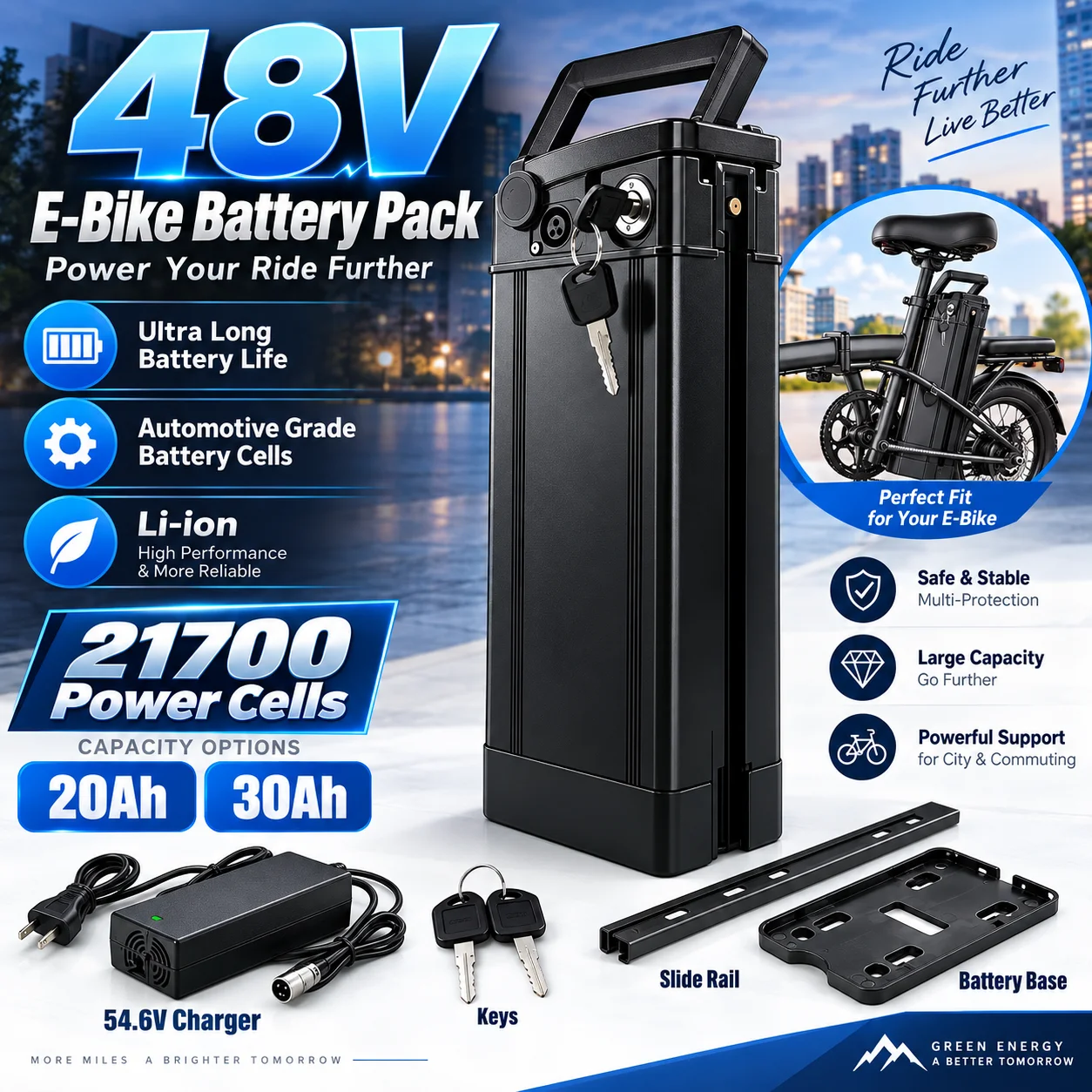 HAIBA 48V 21700 E-Bike Battery  20Ah 30Ah Li-ion Battery Pack with BMS 54.6V Charger for Electric Bicycle Conversion Kit