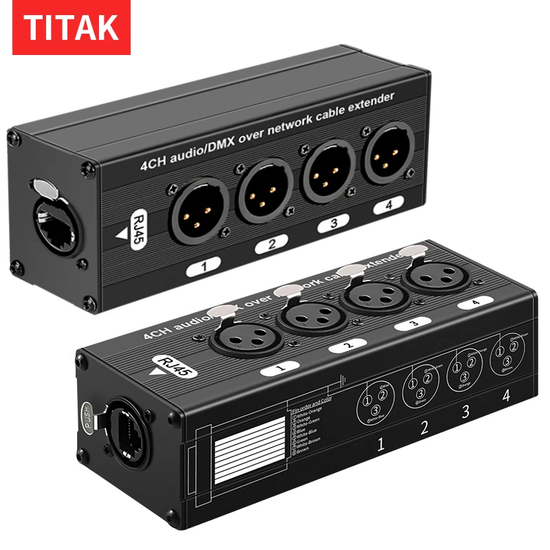 Compact 4CH XLR to RJ45 Extender Over Cat5e Cat6, Audio Transmitter for Stage, Studio & Pro Sound Gear