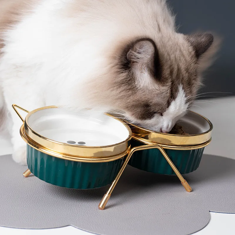 Poursweet Cat Ceramic Bowl Pet Feede with Metal Stand Elevated Kitten Puppy Food Feeding Raised Dish Safe Non-Toxic Dog Supplies