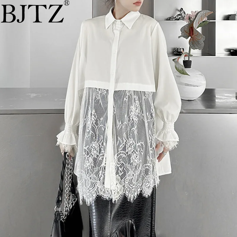

BJTZ Simple Style Irregular Design Top 2025 Summer New Women's Crochet Lace Splicing Hollow Design Sense Long-sleeved Shirt
