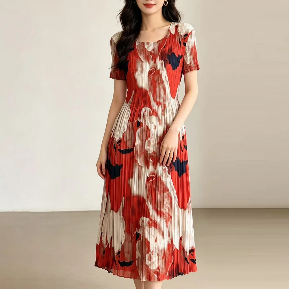 

Pleated red-tone printed dress for women's summer new middle-aged mother dress large size meat-covering and thin dress