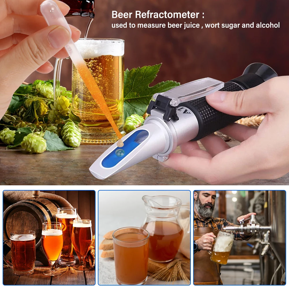 Beer Wort Wine Alcohol Refractometer SG 1.000-1.130 Brix 0-32% Portable Refractometer Specific Gravity Beer Wort Tester with ATC