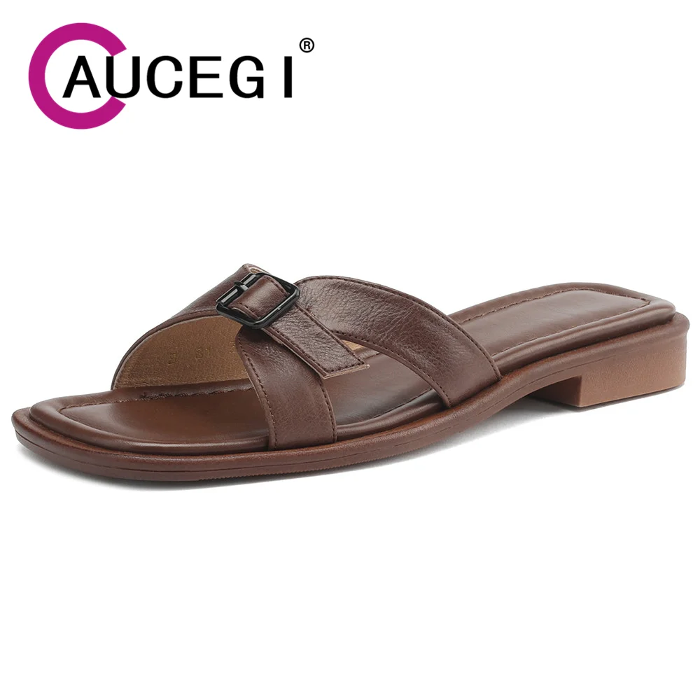 

Aucegi 2026 Летние модные женские сандалии с квадратным носком и металлическим декором, удобные уличные шлепанцы для отдыха и отпуска