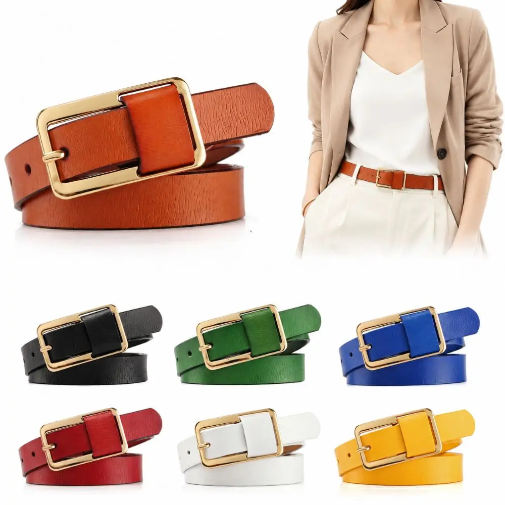 

Trendy Versatile Genuine Leather Belt Solid Color Metal Buckle Pin Buckle Belt Simple Casual Thin Leather Belt For Women
