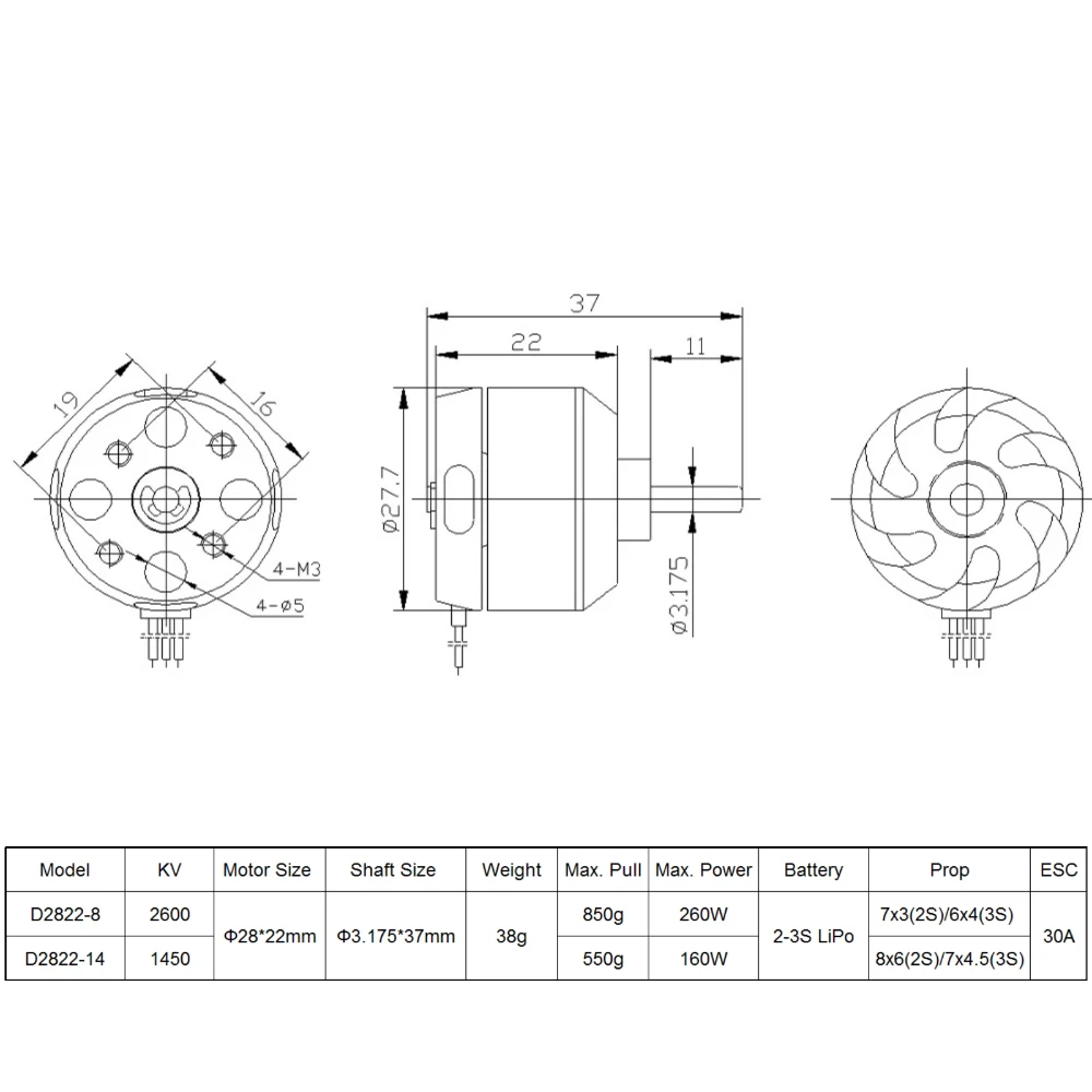 9imod D2822 Brushless Motor 1450KV 2-3S For RC Aircraft Plane Multi-copter Brushless Outrunner Motor