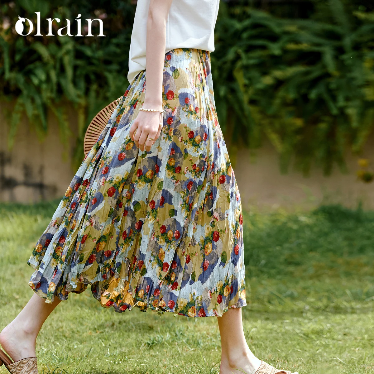 

OLrain Women's French Vacation Skirt 2025 Summer Lady Prairie Chic Floral Oil-Print Elastic Waist Pleated Midi Skirts O57XB99512