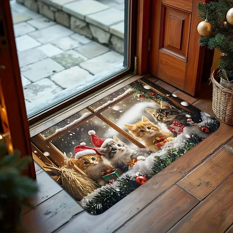 Cute Cat Santa Hat Christmas Flannel Door Mat Snowy Gift Box Pattern Non‑Slip Floor Rug Indoor Entryway Xmas Home Holiday Decor