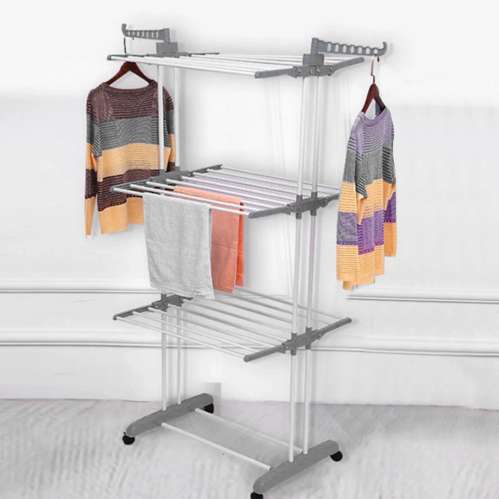 Modern 4 Tiers Metal Clothes Drying Rack Rectangular Folding Rolling Dryer Hanger Free Stand Laundry Organizer Gray For Home