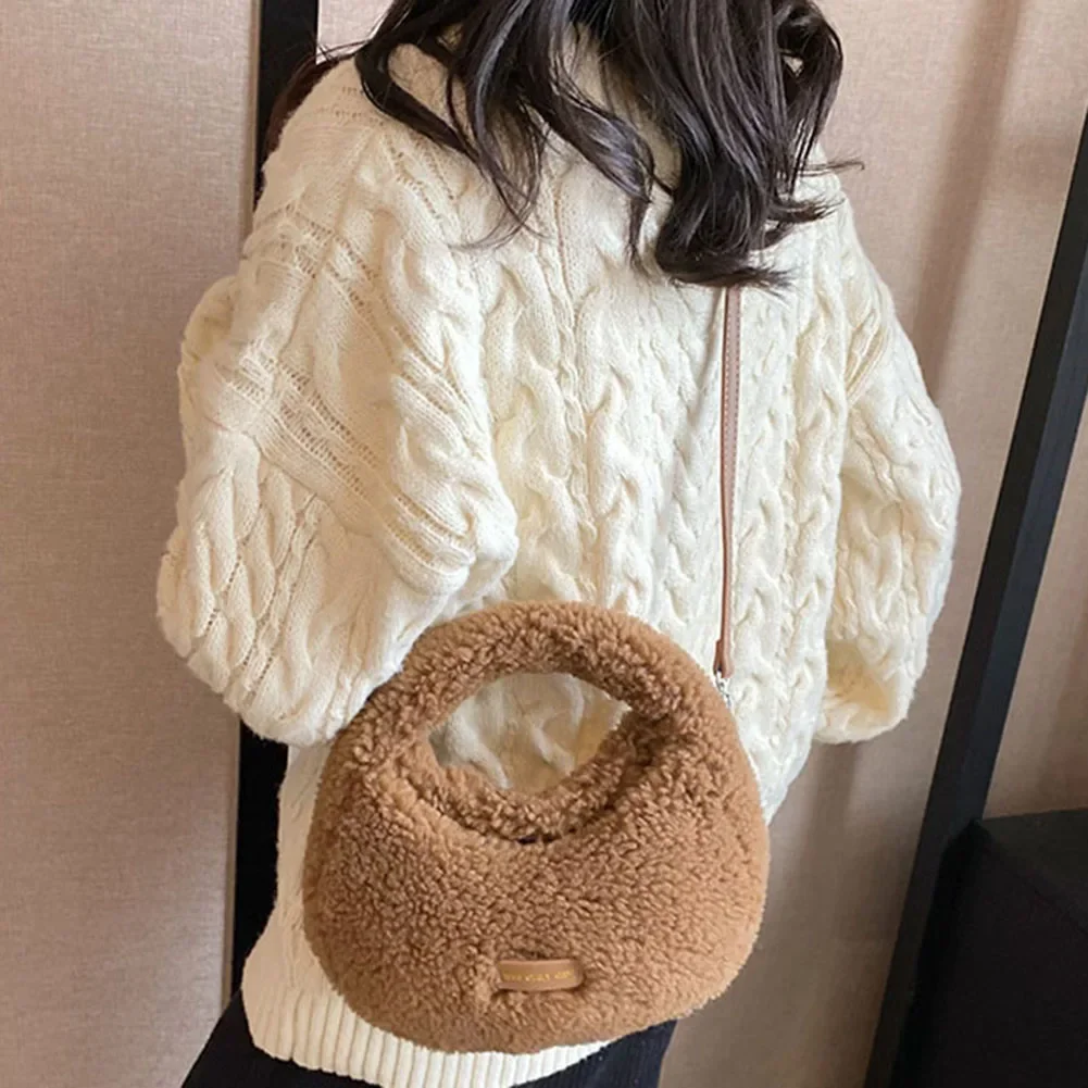 Autumn&Winter Women Fluffy Tote Handbag Fashion Faux Fur Small Top-Handle Bag Lamb Hair Ladies Crossbody Bag Solid Cloud Satchel