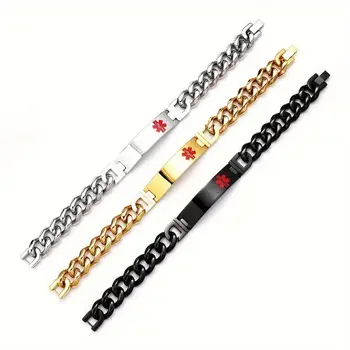 空白弧形不銹鋼醫療警示手鍊,病患疾病意識鏈紅色ID男士手鐲金屬飾品 6 best sales 醫療手環 - №5