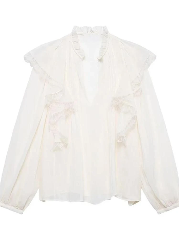 Primavera Nuovo Arrivo Donna Faion Ruffle Decorazione a strati V-ne Lungo Sve Semitrasparente irt Casual Loose Fit Sottile...