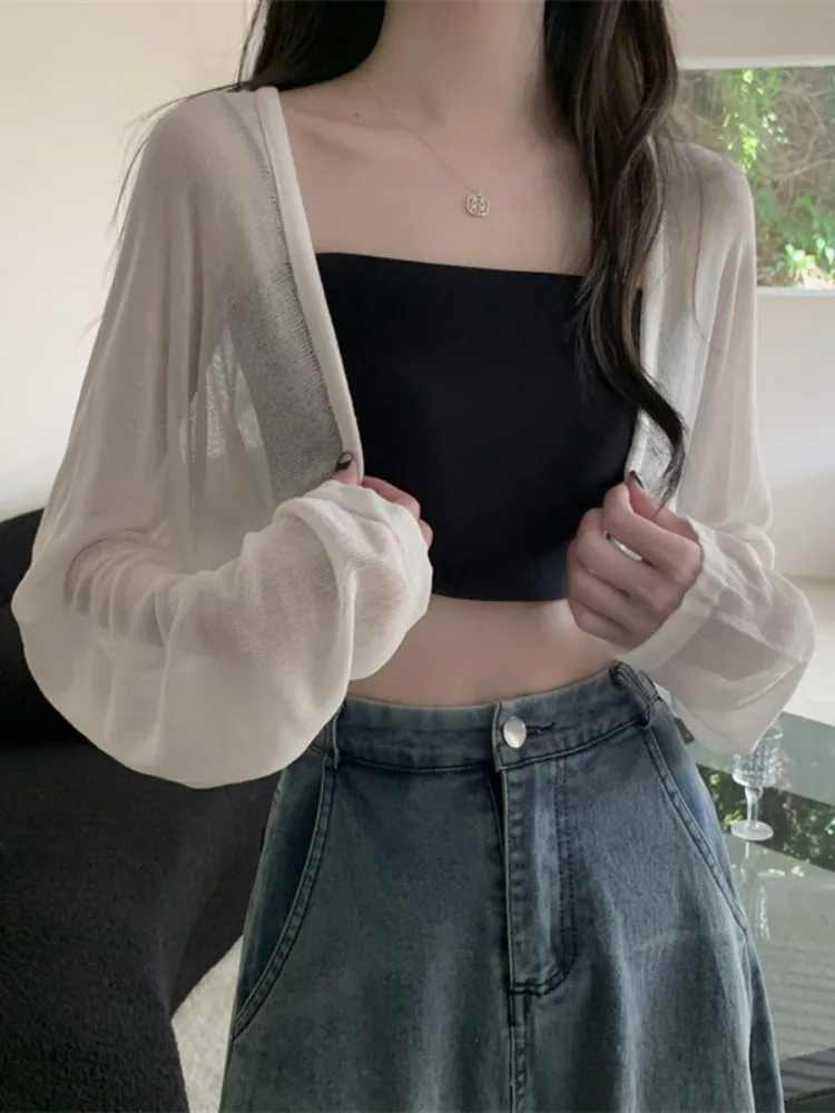 

White Short Knitted Ice Silk Wrap Cardigan Women's Summer Thin Veil Strap Dress Outer Coat See-through Shawl Top Sweet Style