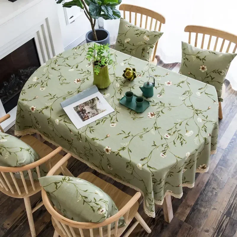 Oval Tablecloth with Lace Flower Printed Rustic Green, Romantic Ellipse Table Cover, Farmhouse Leisure Dining Table Cloth, 185cm