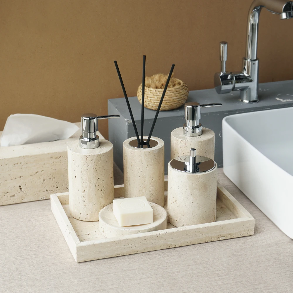 

Бежевый травертин, набор для ванной комнаты, натуральный мрамор, дозатор мыла, мыльница, коробка для салфеток, ватные тампоны, поднос для банок, аксессуары для ванной комнаты