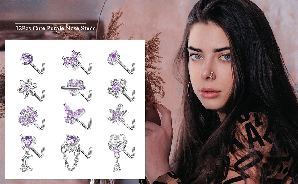 Drperfect 12 Stück 20G Nasenringe aus chirurgischem Edelstahl, L-förmige Nasenstecker für Frauen und Männer, niedliche Nasenpiercing-Stecker, Schraubschmuck – Detail 2
