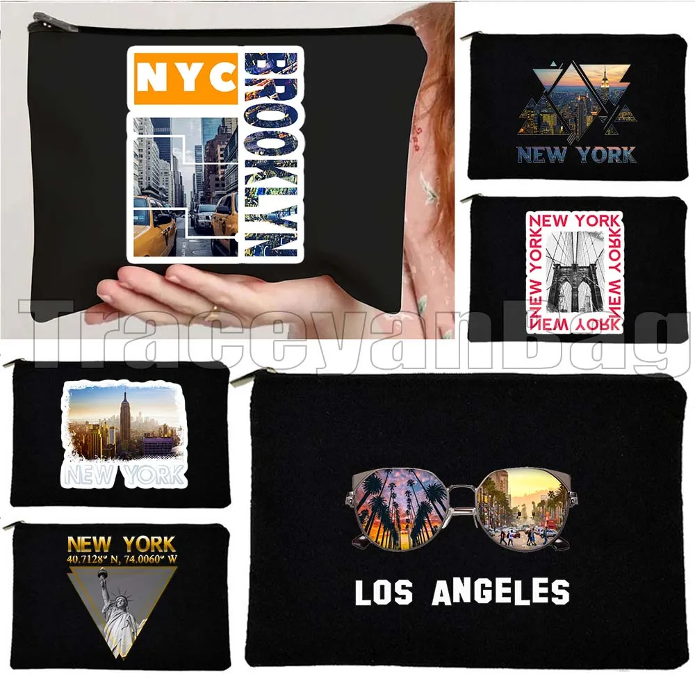 

America New York Skyline Statue of Liberty Brooklyn Bridge NYC USA Gift Canvas Cosmetic Bag Makeup Toilet Bag Pencil Case Pouch