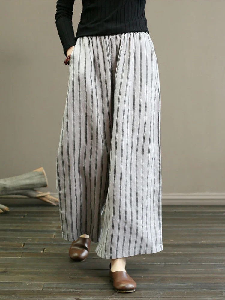 Literary Casual Women Pants 2024 New Autumn Oversized Cotton Blended Stripe Wide Leg Pants Vintage Straight Loose Trousers