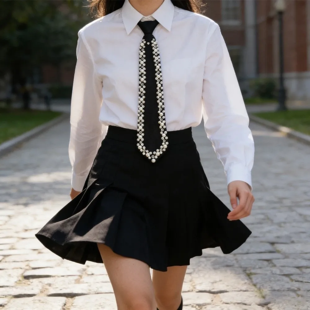 

Rhinestone Pearls Tie Korean Style Academic Style Hand-beaded Long Necktie Collares Geometric Decoration Shirt Tie Performance
