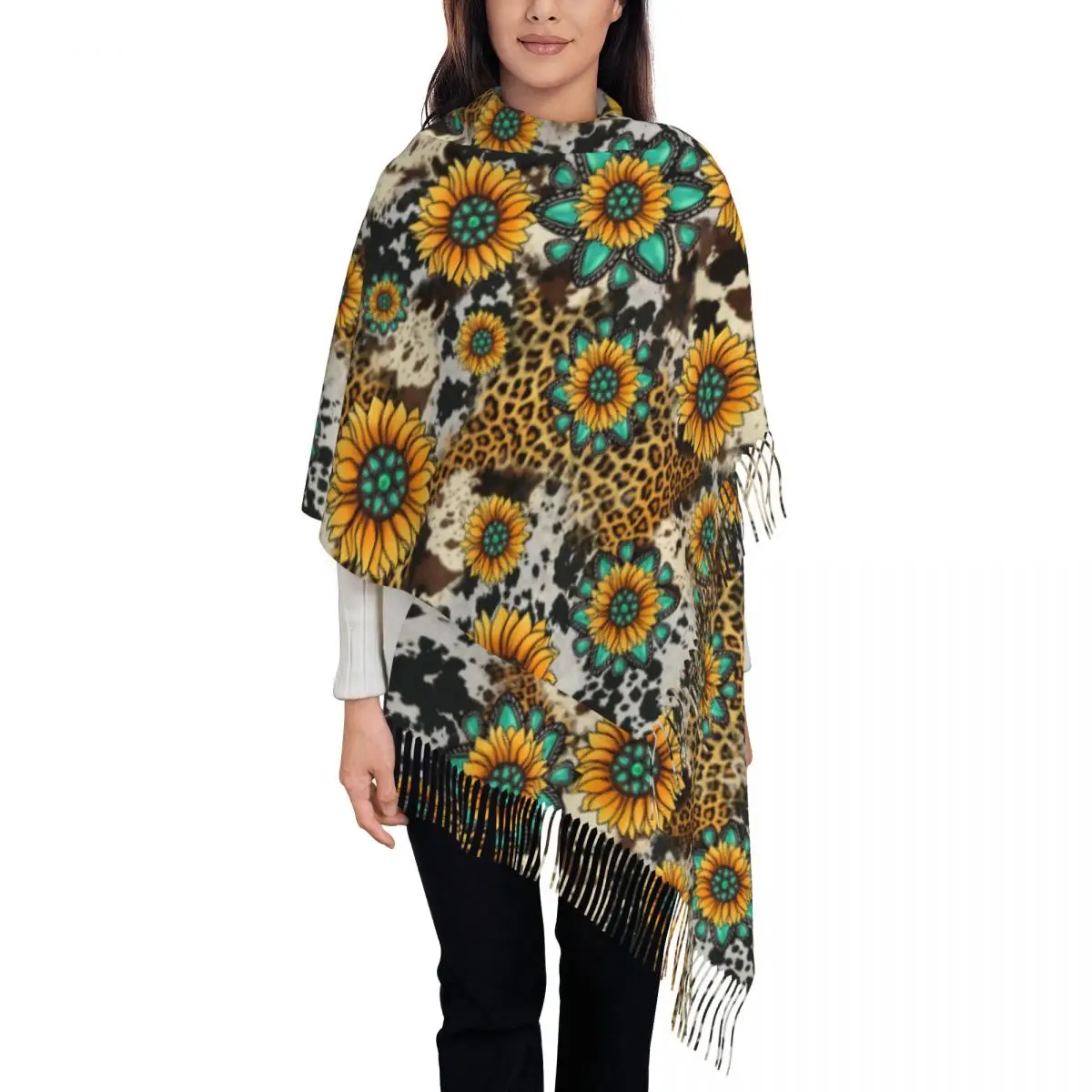 Custom Sunflower Turquoise Cow Print Tassel Scarf Women Winter Warm Shawls Wraps Female Scarves