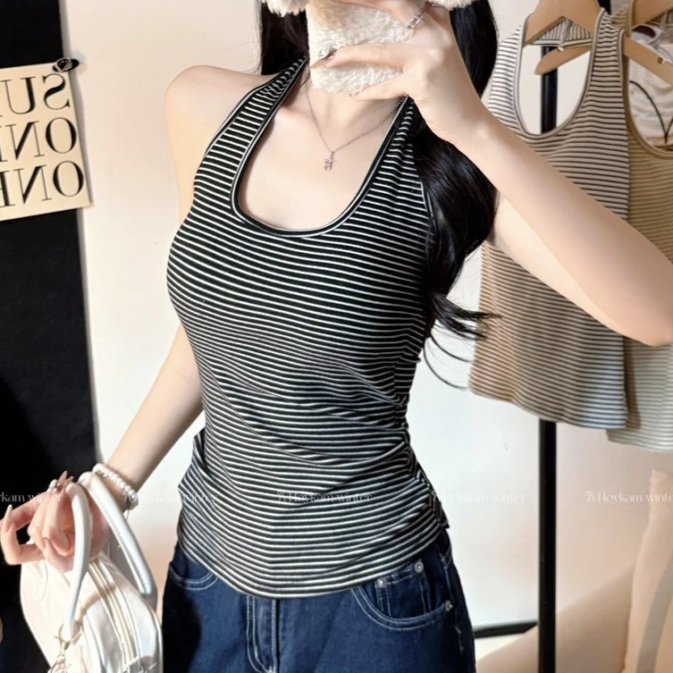 Striped U Neck Halter Vest Spring Brushed Backless Slim Fit Sleeveless Top