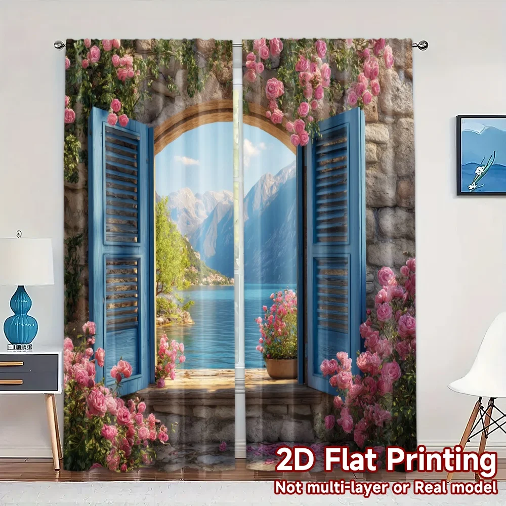 2pcs, 2D FLAT PRINTING Curtains (Without Rod) Blossom View Contemporary Popular Curtains Versatile Polyester Curtains