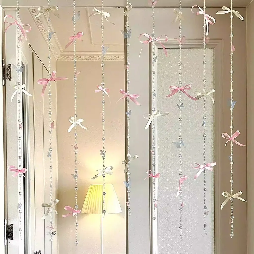 Crystal Beaded Curtain with Bows Multi-color Acrylic Beads Doorway Curtain Aesthetic Room Divider Hanging Garland Home Decor