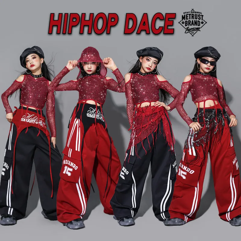 Girls Red Hip Hop Costume Red Sequin Net Navel Tops Leather Pants Skirt Cheerleading Jazz Dance Performance Clothes Kpop